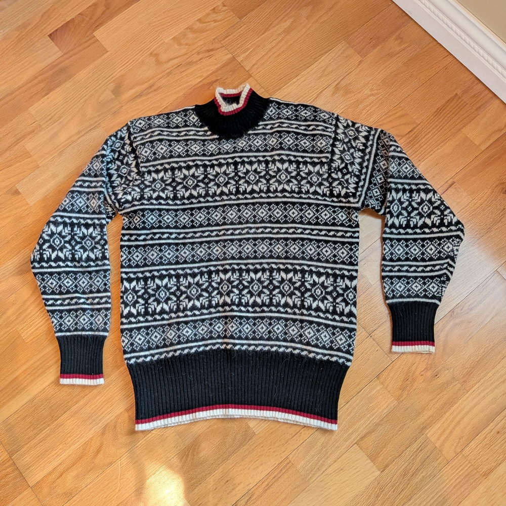 Vintage Cherry&Webb Black & White Nordic-Pattern Turtleneck Sweater Size L